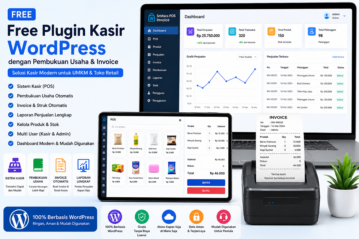 Free Plugin Kasir WordPress dengan Pembukuan Usaha dan Invoice untuk UMKM